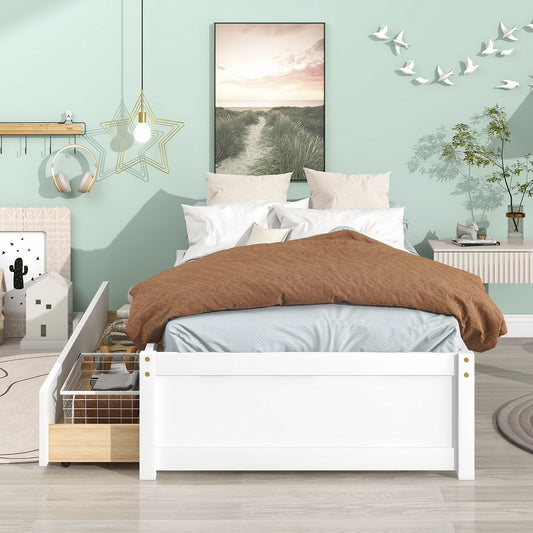 SYNGAR White Wood Twin Platform Bed Frame with Storage, Solid Pine Wood Kids Bed Frame with 2 Storage Drawers, No Box Spring Needed