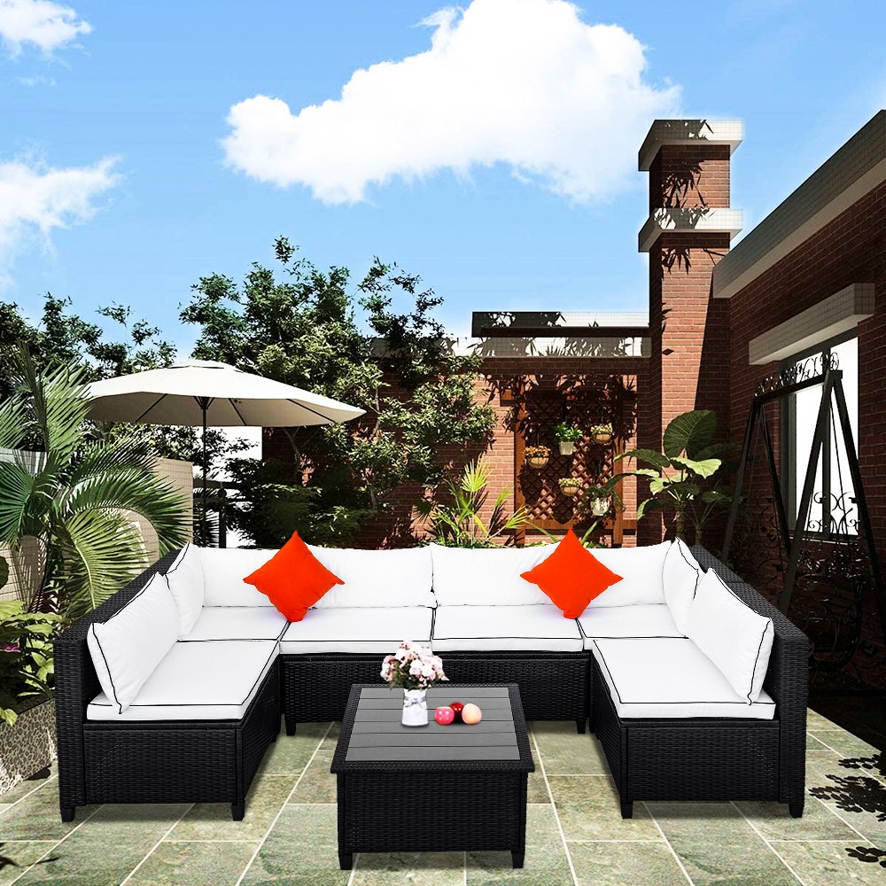 Patio Sofa Set, 7 Piece Outdoor Furniture Set, PE Rattan Wicker Sectional Sofa Furniture, Manual Weaving Wicker Couch with Removable Cushions & Tea Table, Ideal for Patio Deck Backyard, K3249