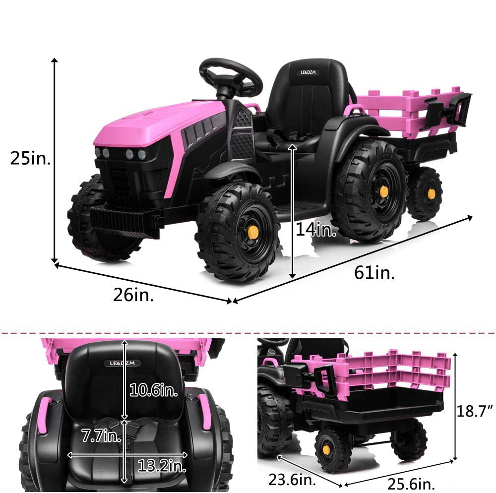 Kids Electric Tractor with Trailer, 12V Power Children Ride On Tractor, Kids Ride on Car, 2 Speeds Children's Riding Car with Leather Seat Music Lights for 3 to 8 Years, K1028