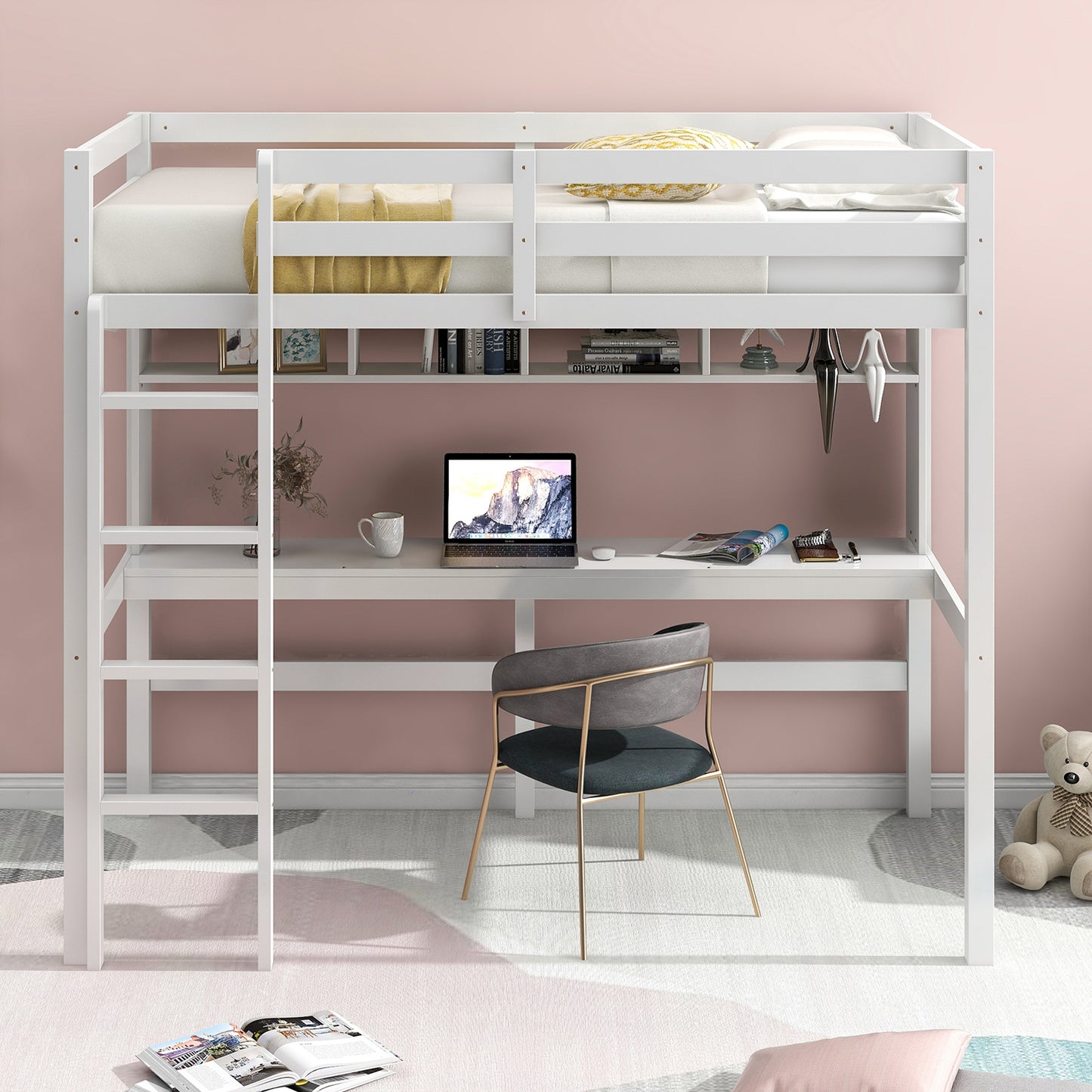 Solid Wood Loft Bed, Twin Size Loft Bed with Desk and Shelves, Space Saving Bed Frame with Ladder and Safety Guardrails, Perfect for Kids/Teens/Adults Bedroom, No Box Spring Needed, White, D5731