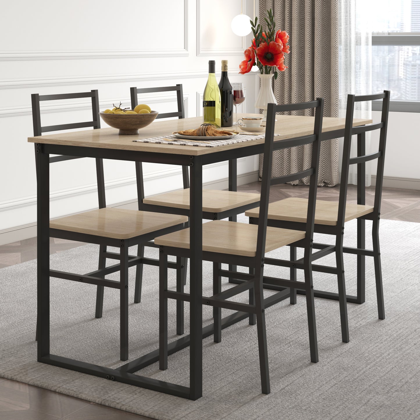 SYNGAR 5 Piece Dining Table Set, Modern Rustic Table and Chairs Set for 4, Home Kitchen Breakfast Table Set, Dinette Table Set with 4 Chairs, Wooden Tabletop and Steel Frame, D6114