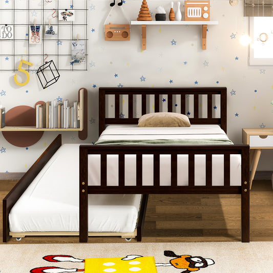SYNGAR Espresso Twin Bed Frame with Trundle, Kids Platform Twin Size Bed with Pull Out Trundle, Solid Wood Trundle Bed with Headboard and Footboard, No Box Spring Needed, Space Saving, Easy Assembly