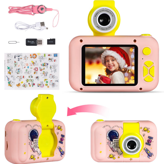 Reversible Kids Camera, 1080P Upgrade Selfie Camera with 32 GB Card, Kids Digital Camera for Girls Boys 3-8 Year Old, Perfect Christmas Birthday Festival Toys Gifts for Toddlers, Pink Astronaut
