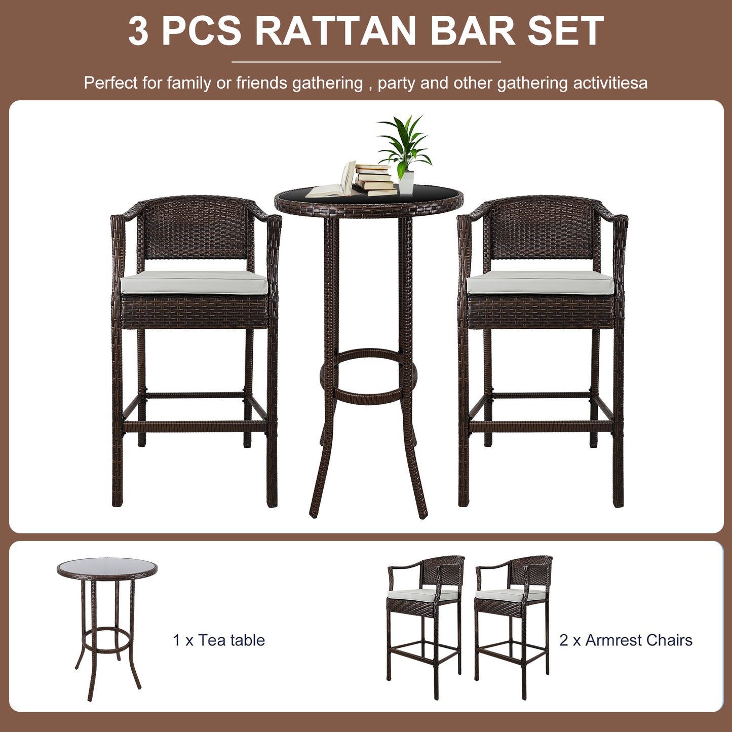 Clearance! 3 Piece Pub Table Set, High Top Bar Table W/ 2 Chairs Padded Seat, PE Rattan Height Bar Stools Set of 3, All-Weather Dining Table Set for Kitchen Home Pub Cafe Outdoor Patio Poolside, B101