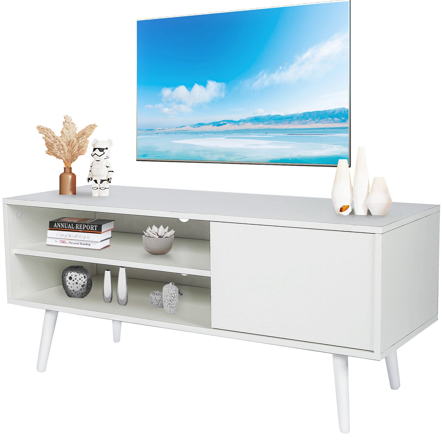 SYNGAR White TV Stand for 65 inch TV, Modern High Glossy TV Console Table Stand with 16 Colors LED Lights, Living Room TV Table Stand Buffet Cabinet with Storage, 58"L×14" W×21"H