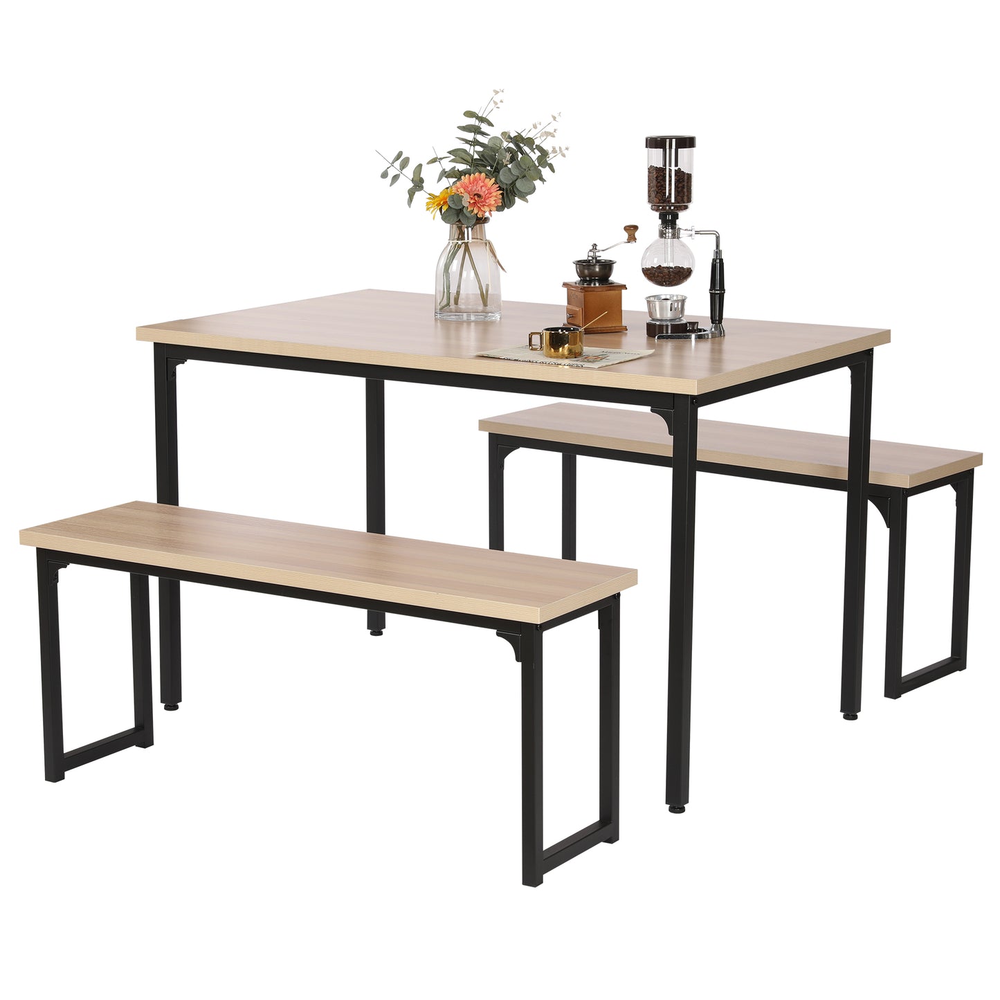 3-Piece Dining Table Set with 2 Benches, Modern Home Kitchen Table and Chairs for Dining Room, Restaurant, Apartment, Studio, Breakfast Nook, Pub, Kitchen Table Set Study Writing Desk, Beige