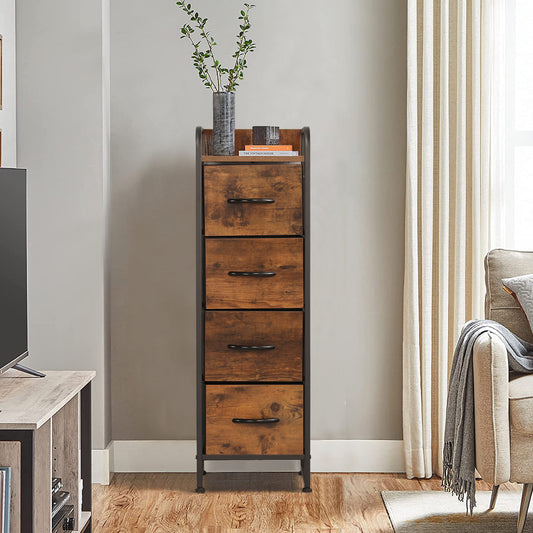 Rustic Brown 4 Drawer Dresser, Small Fabric Storage Tower with Wooden Tabletop, Dressers and Chests of Drawers, Organizer Unit for Bedroom, Living Room, Hallway, Closets and Nursery