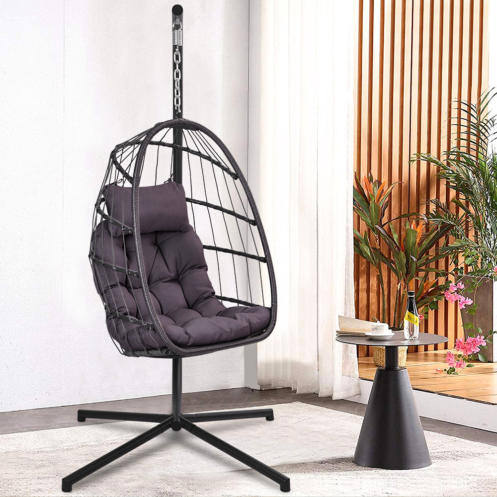 Hanging Chair Swing Egg Chair, Outdoor Rattan Egg Swing Chair, Heavy Duty Hammock Chair with Stand, Cushion and Pillow, Steel Frame Loading 350lbs for Indoor Outdoor Bedroom Patio Garden, B041