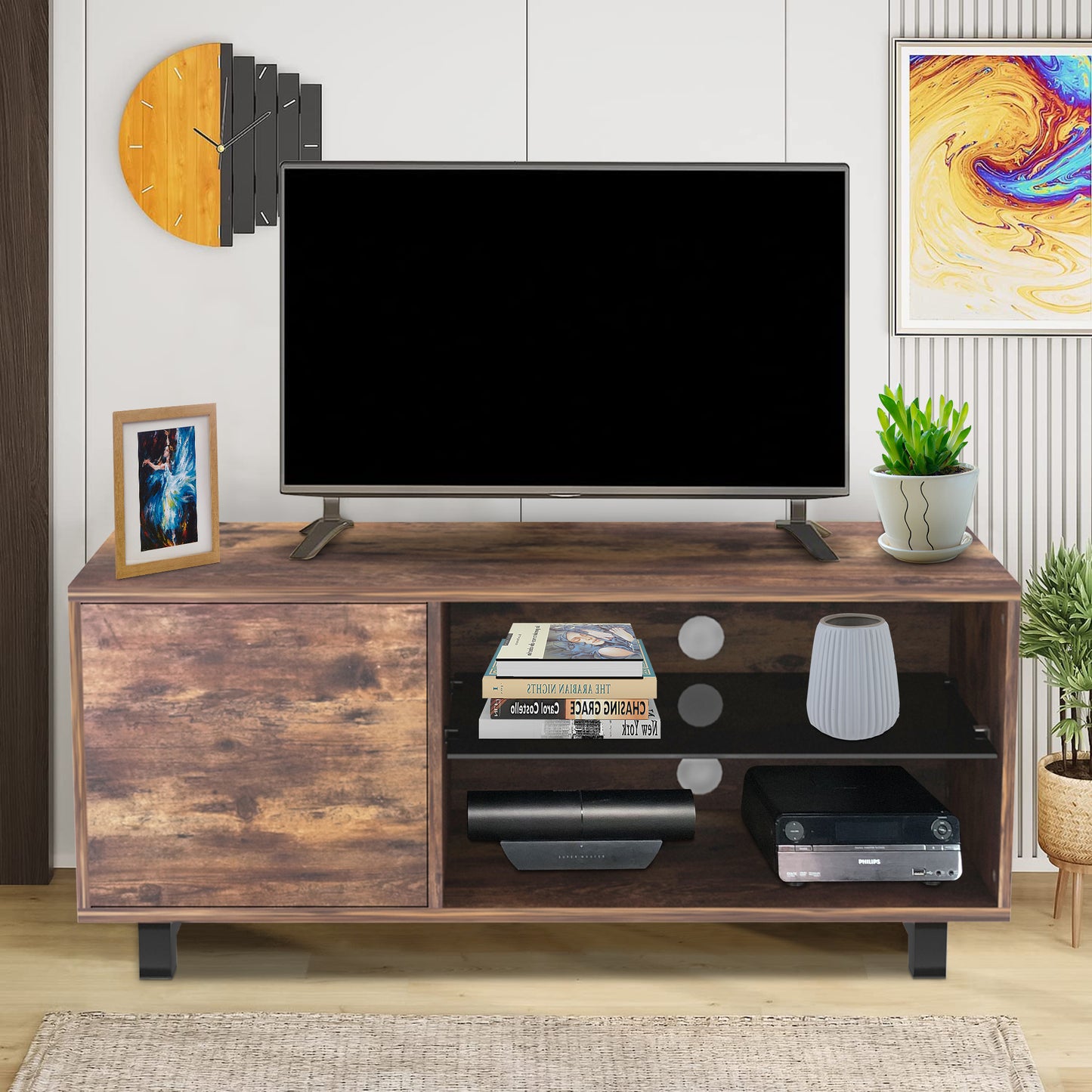 SYNGAR Rustic Brown Farmhouse TV Stand with Mount for 32-65 inch TVs, 2 in 1 TV Mount Stand Table Storage Cabinet Entertainment Center, Swivel Floor TV Stand Mount for Living Room Bedroom Office