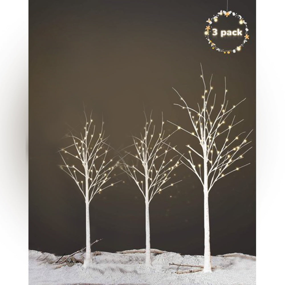 Pre-lit Birch Tree, 3 Pack 4FT 4FT 6FT Birch Tree with Warm White, White Christmas Tree Lights with Base, Decor for Christmas/Party/Wedding/Office/Home/Bedroom, Plug-in Indoor Outdoor Use, K979