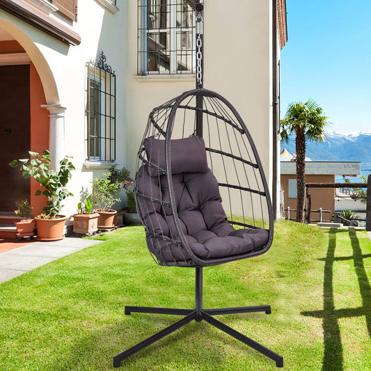 Hanging Chair Swing Egg Chair, Outdoor Rattan Egg Swing Chair, Heavy Duty Hammock Chair with Stand, Cushion and Pillow, Steel Frame Loading 350lbs for Indoor Outdoor Bedroom Patio Garden, B041