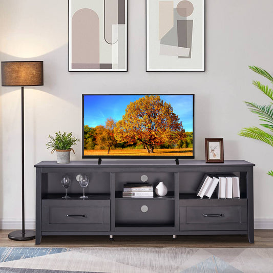 SYNGAR Farmhouse TV Stand for 70 inch TV, Wooden TV Cabinet Console Table with 2 Drawers and 4 Storage Compartments, Entertainment Center for Living Room, Traditional Black, 70"L x 15"W x 25"H