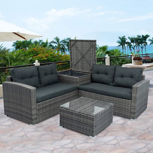 SYNGAR 4 Piece Wicker Patio Furniture Sets, Outdoor Sofa Set with Loveseat Sofa, Table and Storage Box, All Weather Rattan Sofa and Cushioned Seats for Garden, Lawn, Backyard, Front Porch, Gray