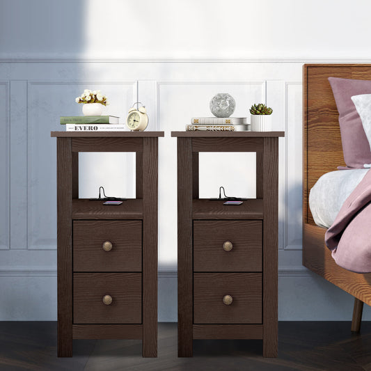 SYNGAR Side Table Set of 2 with Charging Station, End Table with USB Port and 2 Drawers for Bedroom Living Room, Coffee, LJ407