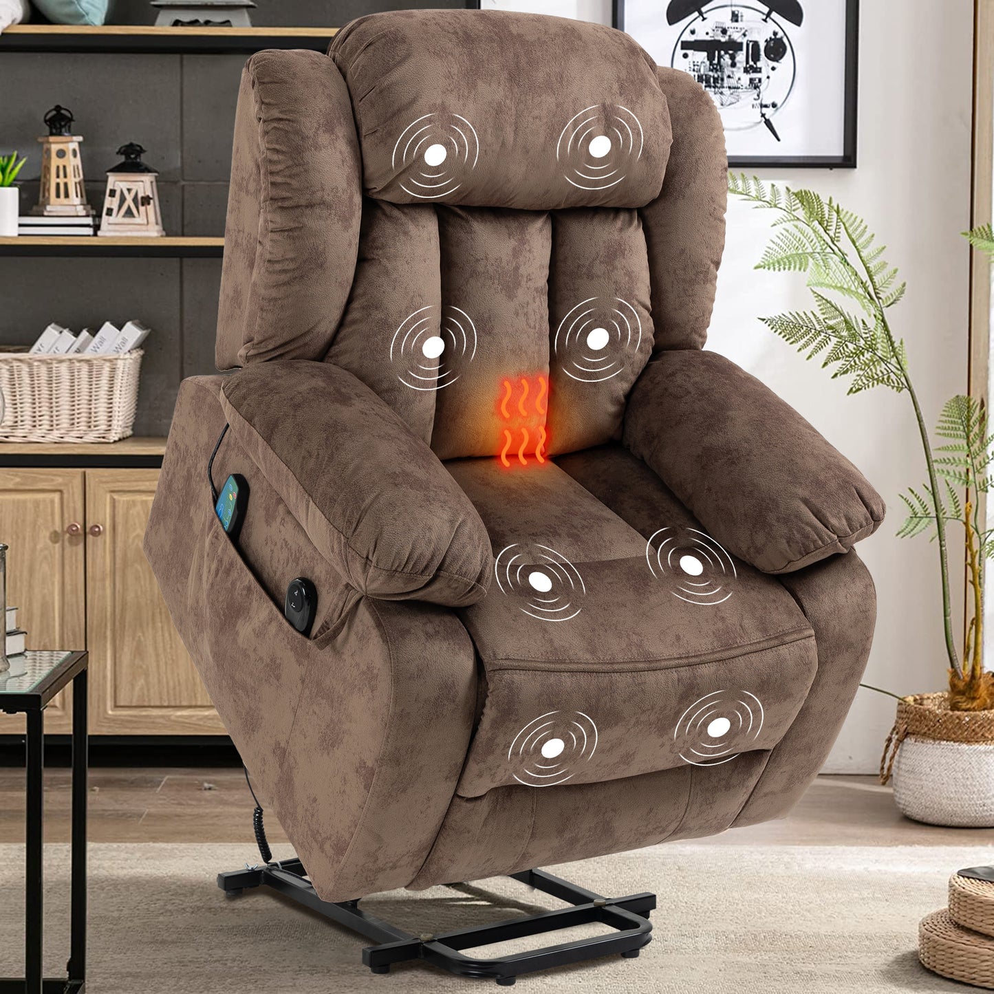 Massage Recliner Chair with Heat Function Electric Lift Chair Recliner Fabric Single Sofa Heavy Duty Living Room Bedroom Furniture Reclining Chair, Large Side Pocket, Brown