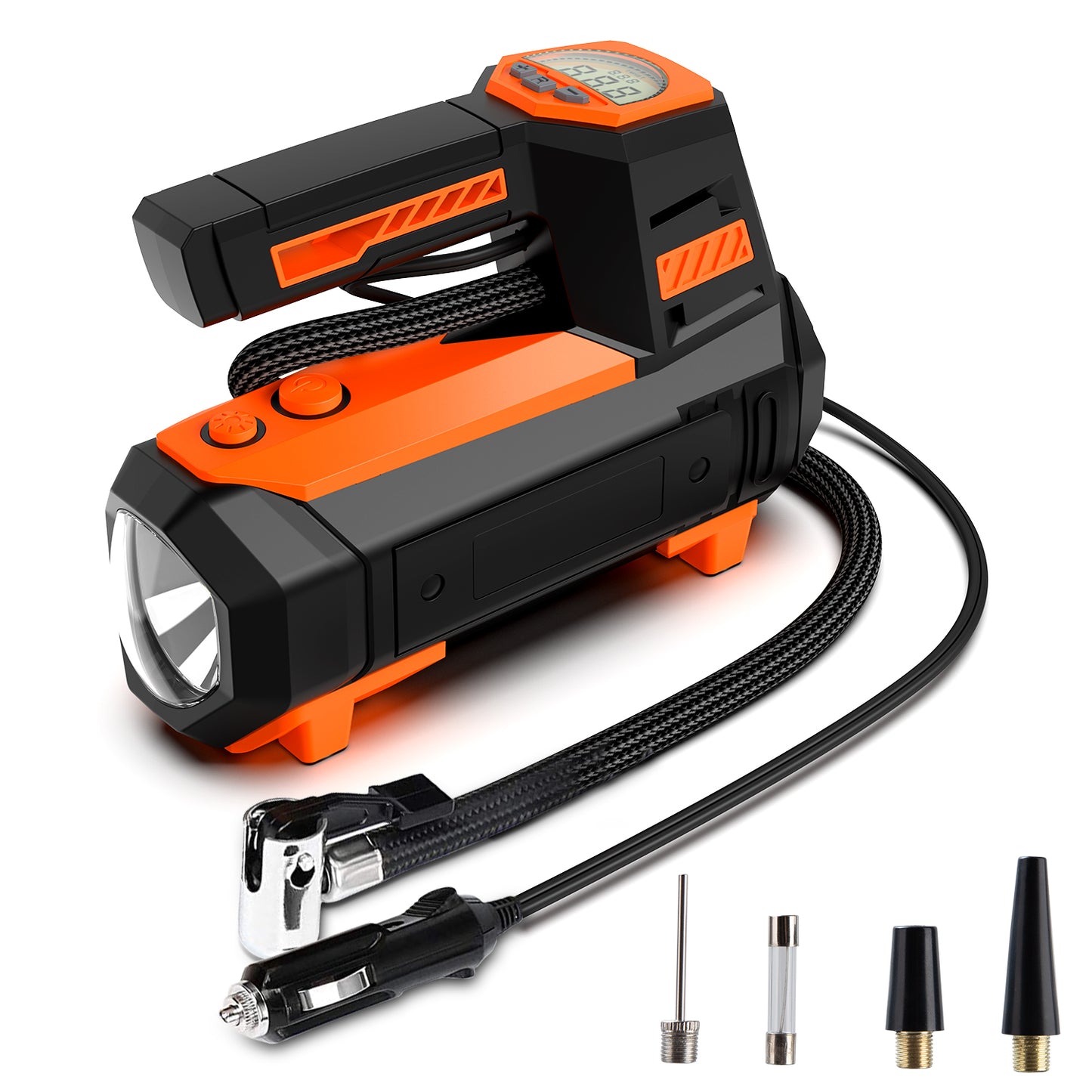 Portable Tire Inflator 12V, Portable DC Air Compressor for Car Tires, Mini Car Air Compressors Tool with LED Light, Digital Air Pump for Car Tires, Bicycles and Other Inflatables, Orange