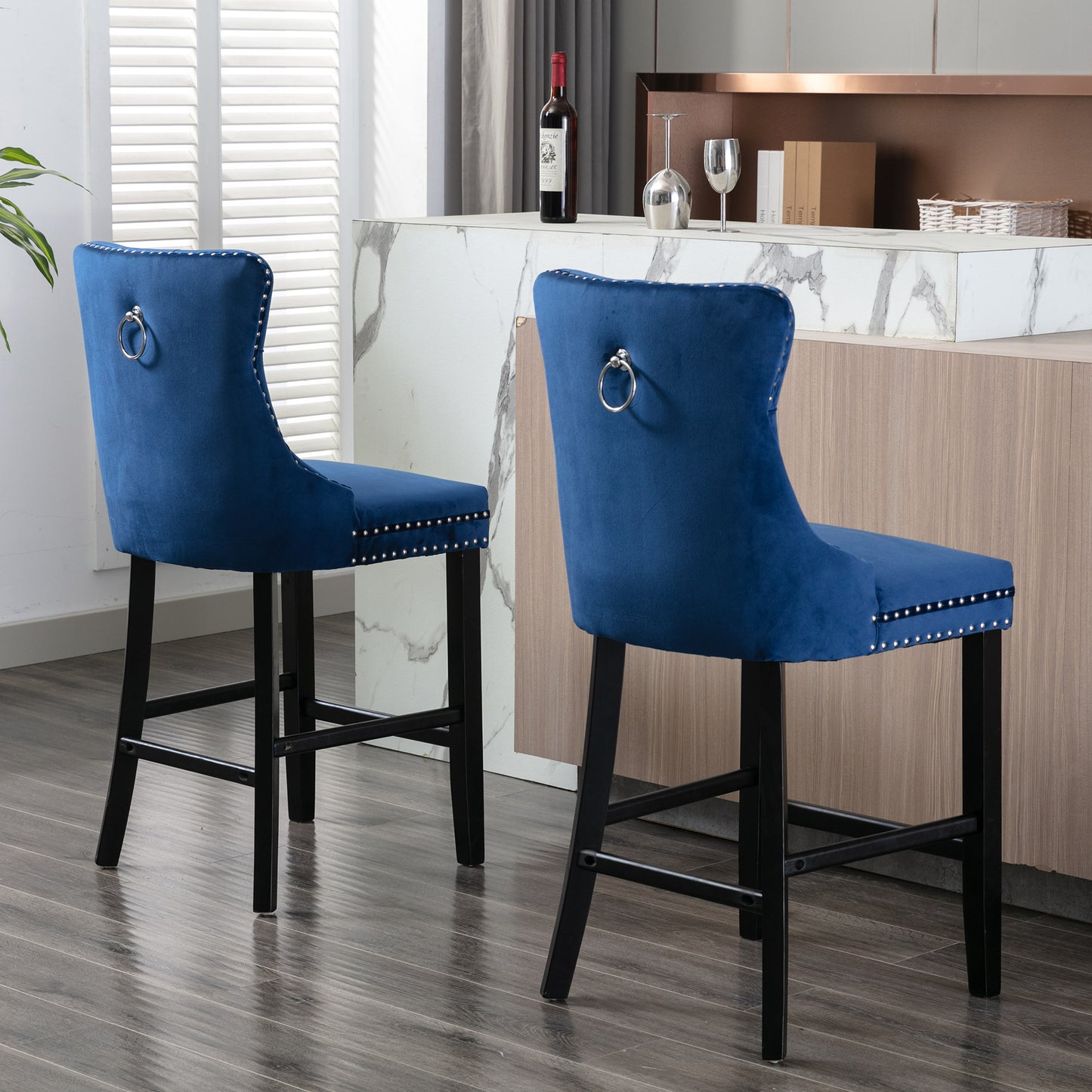 SYNGAR Bar Stools Set of 2, Velvet Upholstered Bar Chair with Wood Legs Nailhead Trim Tufted Back, High End Counter Height Bar Stools, Bar Chairs for Bar Counter Kitchen, Wood Barstool Set, Blue