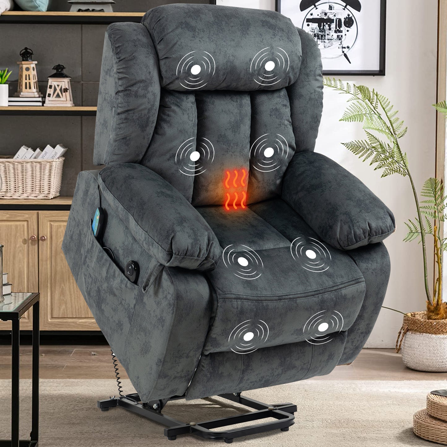 Power Lift Recliner Chair, Elderly Sofa with Heat Therapy and Massage Function, Remote Control, Living Room Furniture Heavy Duty Power Lift Recliner with Side Pocket for Home Use, Blue