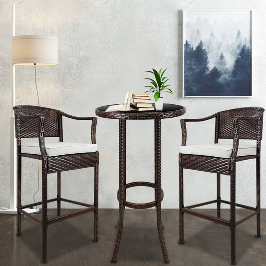 Clearance! 3 Piece Pub Table Set, High Top Bar Table W/ 2 Chairs Padded Seat, PE Rattan Height Bar Stools Set of 3, All-Weather Dining Table Set for Kitchen Home Pub Cafe Outdoor Patio Poolside, B101