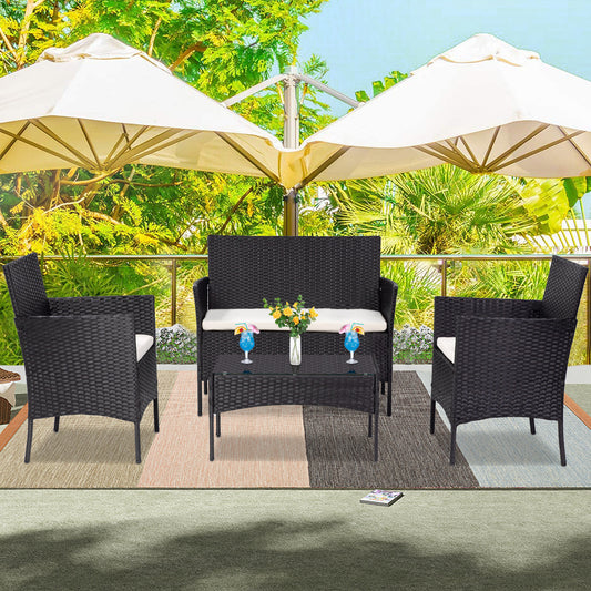 4-Piece All-Weather Wicker Patio Conversation Sets, Outdoor Furniture Sofa Couch Dining Set with Table, Chairs, Loveseat, Cushioned Seats for Garden, Lawn, Backyard, Front Porch, Brown