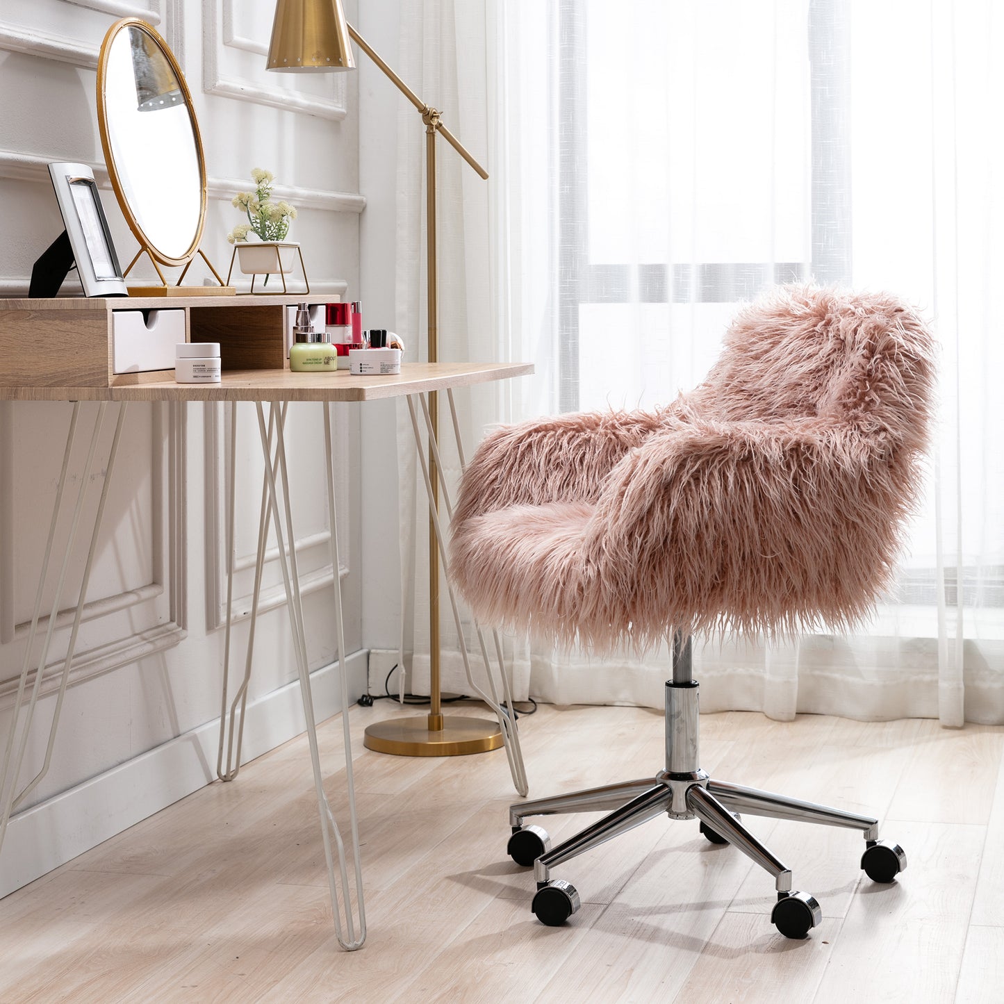 Office Chair, Fluffy Upholstered Desk Chair with Adjustable Height, 360 Degree Swivel and Metal Frame, Faux Fur Plush Seat and Back, Modern Office Computer Chair for Home Office, White, C20