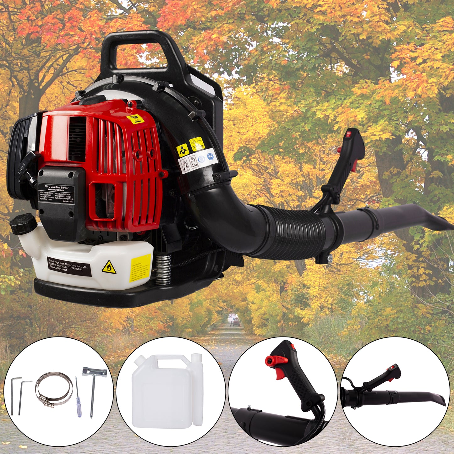 SYNGAR Gas Backpack Leaf Blower, 52CC 2-Cycle Leaf Blower Snow Blower with Extended Tube for Lawn Care Yard Snow Blowing Dust, Black & Red