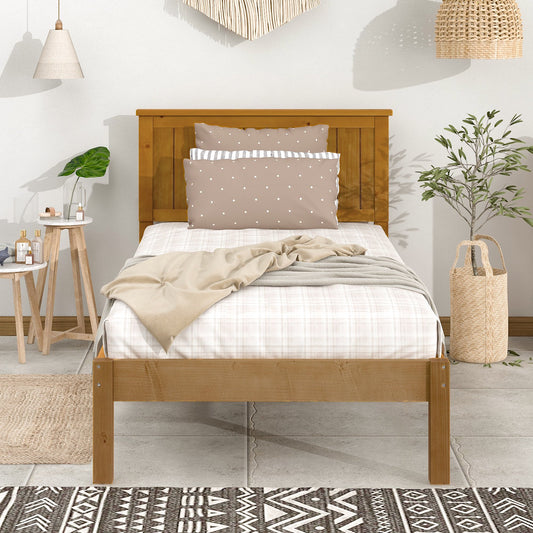CASEMIOL Twin Size Wood Bed Frame with Headboard,No Box Spring Needed Platform Bed,Heavy Duty Wood Slat Support,Under-Bed Storage, Country Style,Light Brown