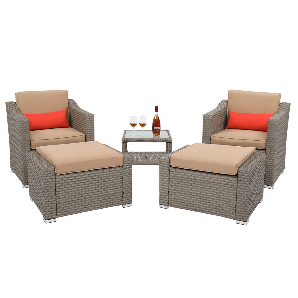 5 PCS Outdoor Rattan Furniture Set, Patio Lounge Chairs with Ottoman Footrest, All Weather Cushioned Outside Sectional Furniture Set for Backyard, Deck, Balcony, Y016
