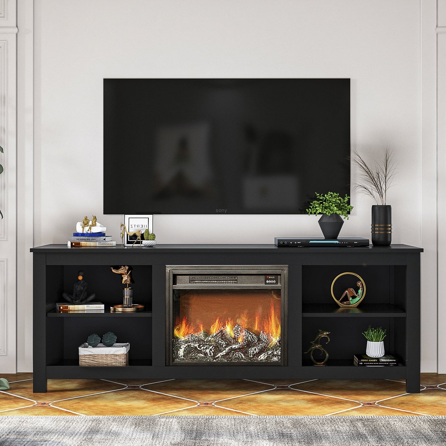 SYNGAR Modern TV Cabinet for TVs up to 65", Electric Fireplace TV Stand, Retro Farmhouse TV Stand with Fireplace & Storage, Media Entertainment Console Center for Living Room, Bedroom, Espresso, D3190