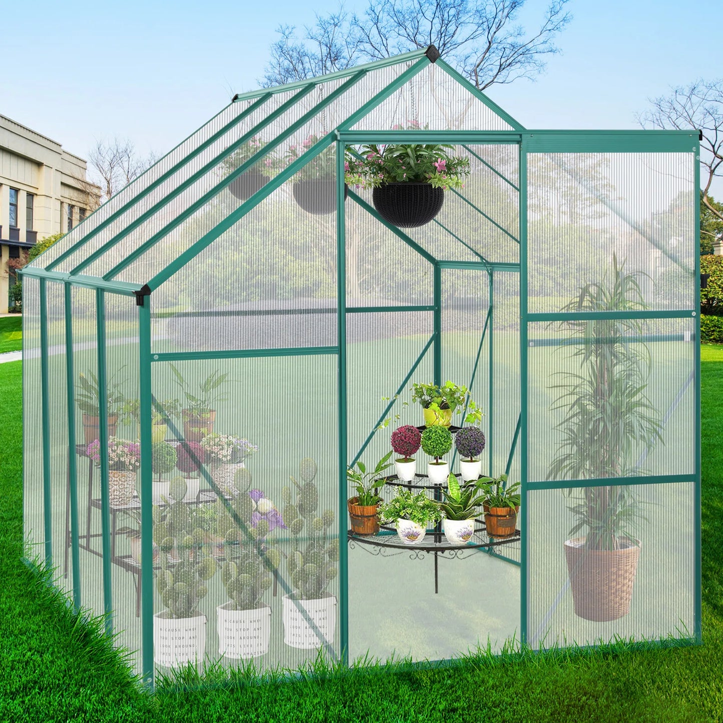 8' x 6' Outdoor Greenhouse with Sliding Door, Walk-in Polycarbonate Garden Greenhouse with Adjustable Roof Vent and Rain Gutter for Plants in Winter, Greenhouse with Stable Metal Frame, D6352