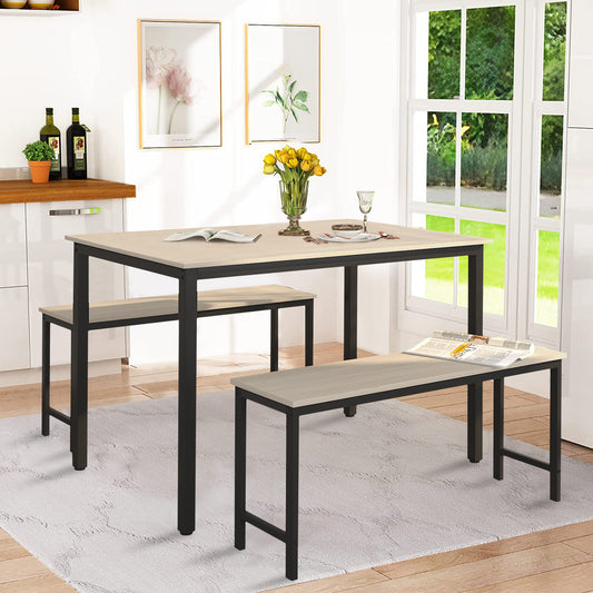 3-Piece Dining Table Set with 2 Benches, Modern Home Kitchen Table and Chairs for Dining Room, Restaurant, Apartment, Studio, Breakfast Nook, Pub, Kitchen Table Set Study Writing Desk, Beige