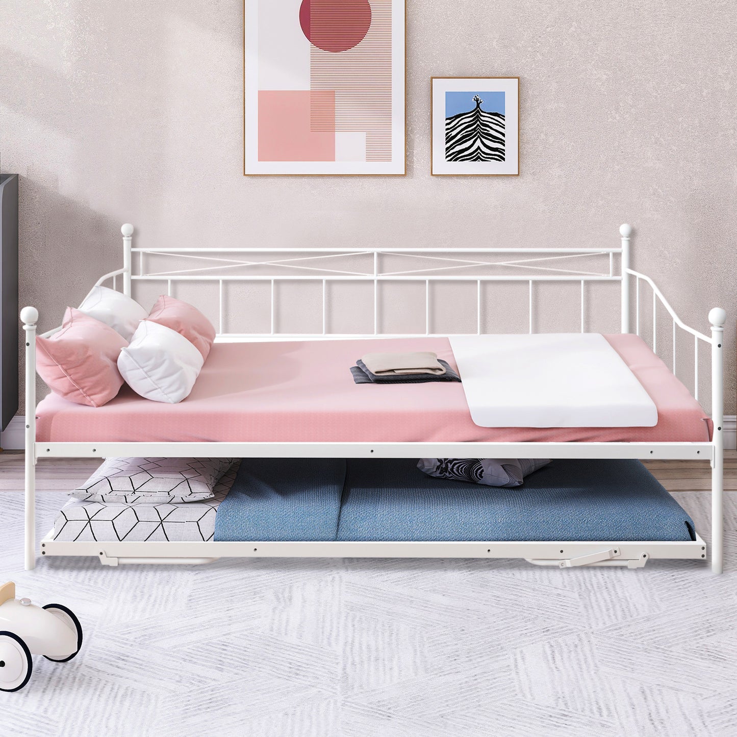 SYNGAR Metal Twin Size Daybed with Roll-Out Trundle, Multifunctional Platform Portable Folding Trundle Bed Frame, Mattress Foundation/Children Bed Sofa for Guest Living Room, Black