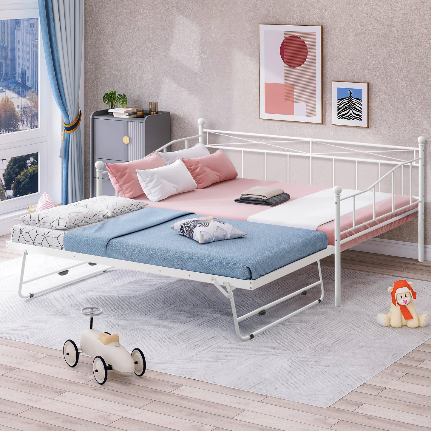 SYNGAR Daybed with Trundle, Twin Size Metal Daybed with Pop Up Trundle, Sofa Bed Day Beds Frame, Bedroom Living Room Furniture for Kids Boys Girls Adults Guest, White