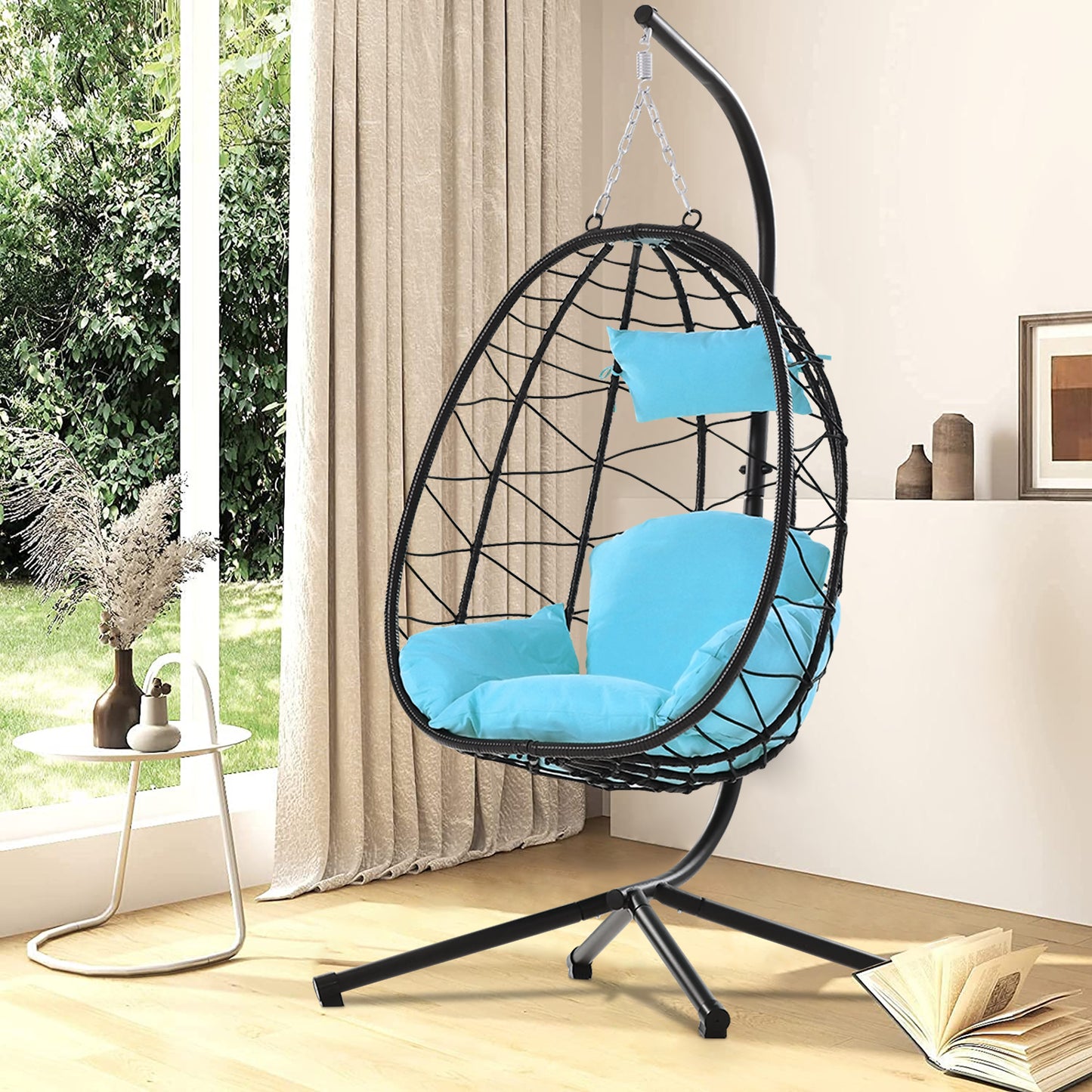 SYNGAR Hanging Egg Chair, Swing Chair with Steel Hammock Stand Set, Hammock Chair with Soft Seat Cushion, Multifunctional Hanging Chairs for Outdoor Indoor Bedroom, Light Blue