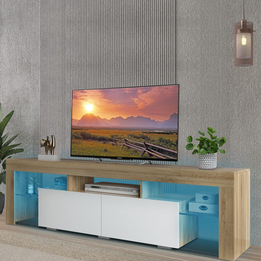 White TV Stand for 70 inch TV, Farmhouse Rustic Wooden Television Stands TV Cabinet Console Table with 16 Colors LED Lights, Living Room TV Table Stand Buffet Cabinet with Storage, 63"L×14" W×18"H