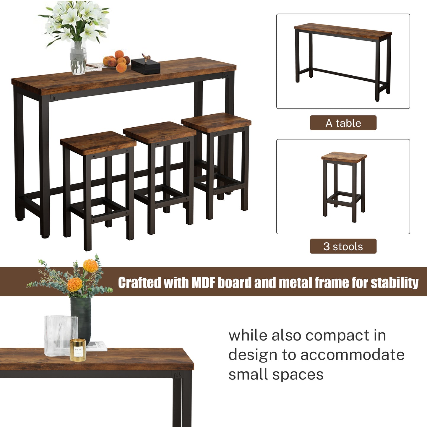 Counter Height Bar Table Set, Modern 4 Pieces Dining Table Set, Long Pub Table and 3 Stools, 3-Person Dining Table and Stools Set, Kitchen Side Table Set for Breakfast, Brown, Y039