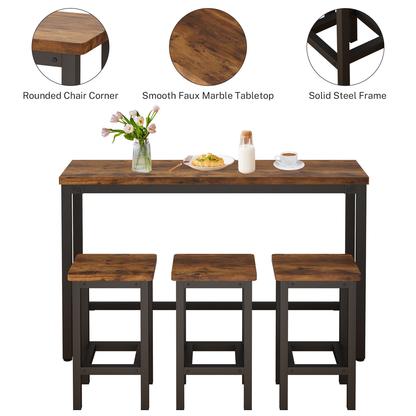 Counter Height Bar Table Set, Modern 4 Pieces Dining Table Set, Long Pub Table and 3 Stools, 3-Person Dining Table and Stools Set, Kitchen Side Table Set for Breakfast, Brown, Y039