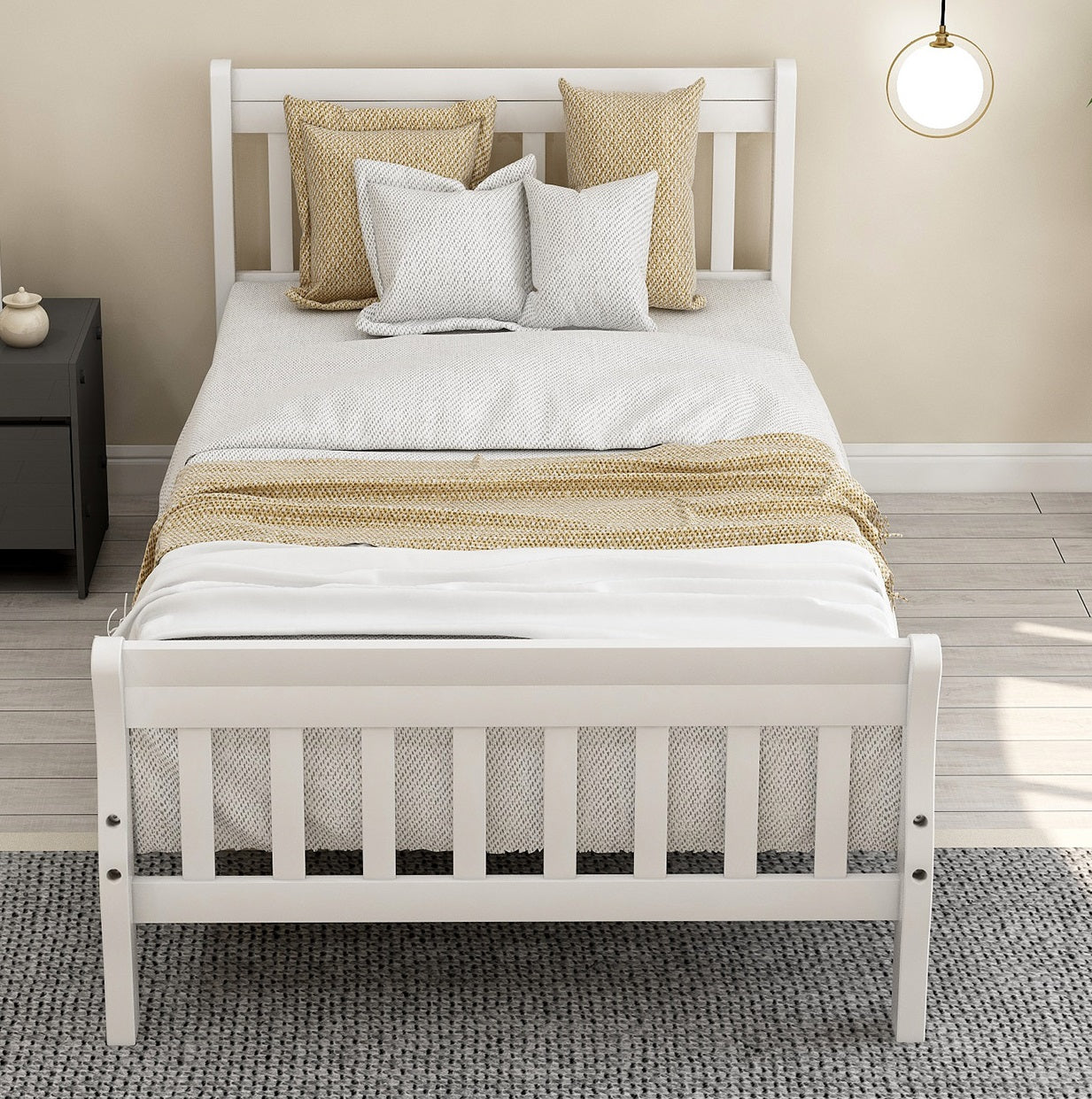 Twin Size Bed frame, Wooden Bed Frame with Headboard, Twin Bed Frame for Kids Adults, Twin Size Bed Frame for Bedroom, White, LJ2455