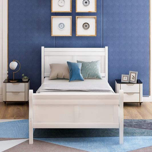 White Wood Twin Bed Frame with Headboard and Footboard, No Box Spring Needed