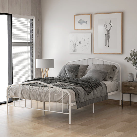 White Full Bed Frame, Metal Platform Bed with Headboard and Heavy Duty Slats for Bedroom Guest Room Dorm