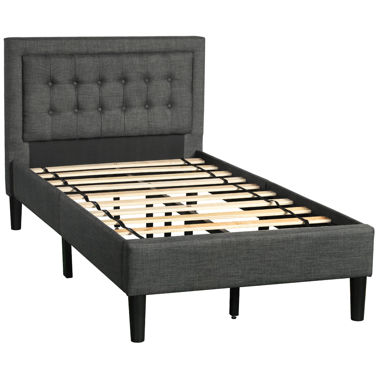 SYNGAR Gray Fabric Upholstered Platform Bed Frame Twin Size with Button Tufted Headboard, Wood Frame Mattress Foundation with Strong Wooden Slat Support, No Box Spring Needed, Easy Assembly