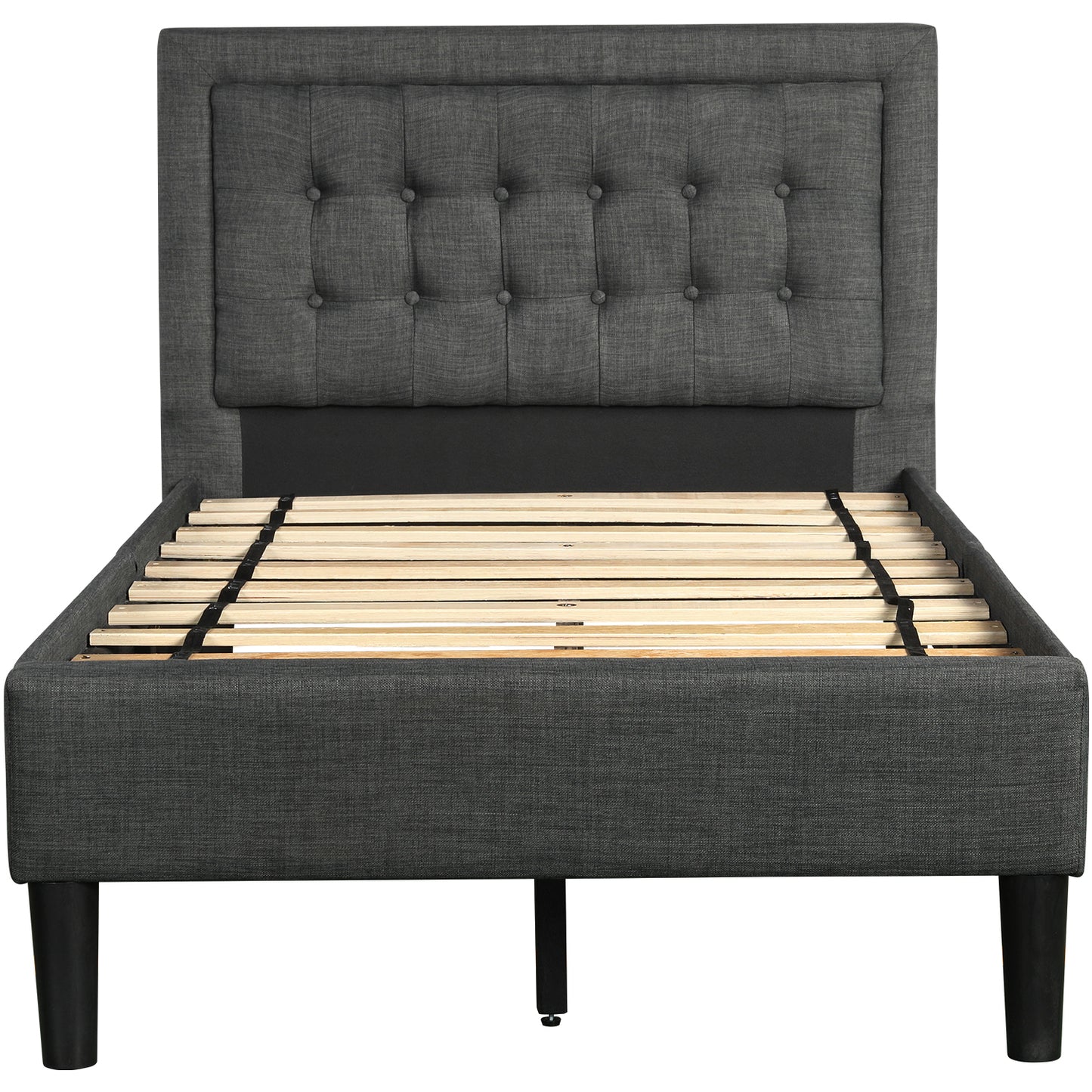 SYNGAR Gray Fabric Upholstered Platform Bed Frame Twin Size with Button Tufted Headboard, Wood Frame Mattress Foundation with Strong Wooden Slat Support, No Box Spring Needed, Easy Assembly