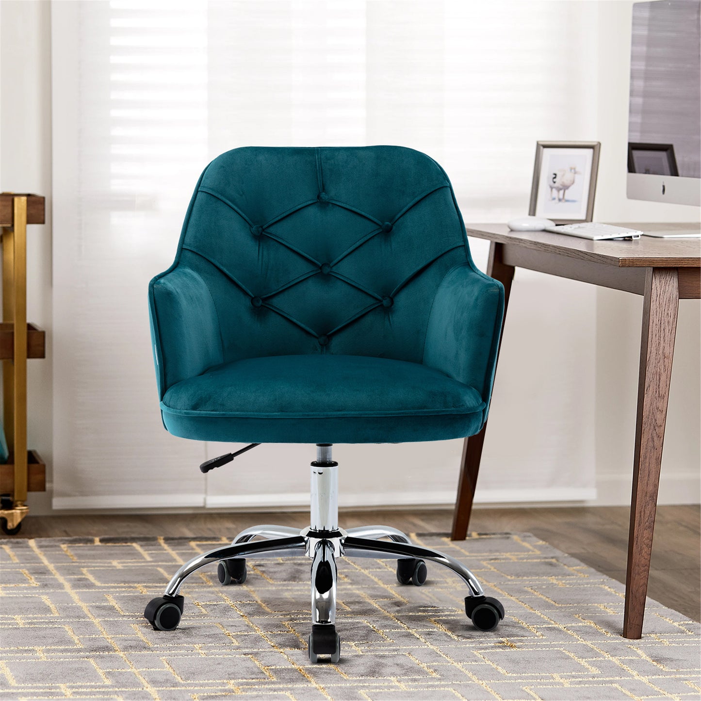 SYNGAR Desk Chairs for Adults, Dark Teal Vanity Stool Chair Velvet with Swivel Wheels and Back for Home, Office Chair Adjustable Height, LJ2286