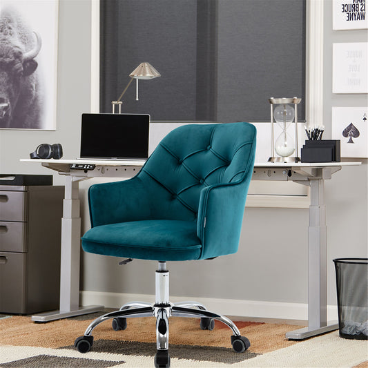 SYNGAR Desk Chairs for Adults, Dark Teal Vanity Stool Chair Velvet with Swivel Wheels and Back for Home, Office Chair Adjustable Height, LJ2286