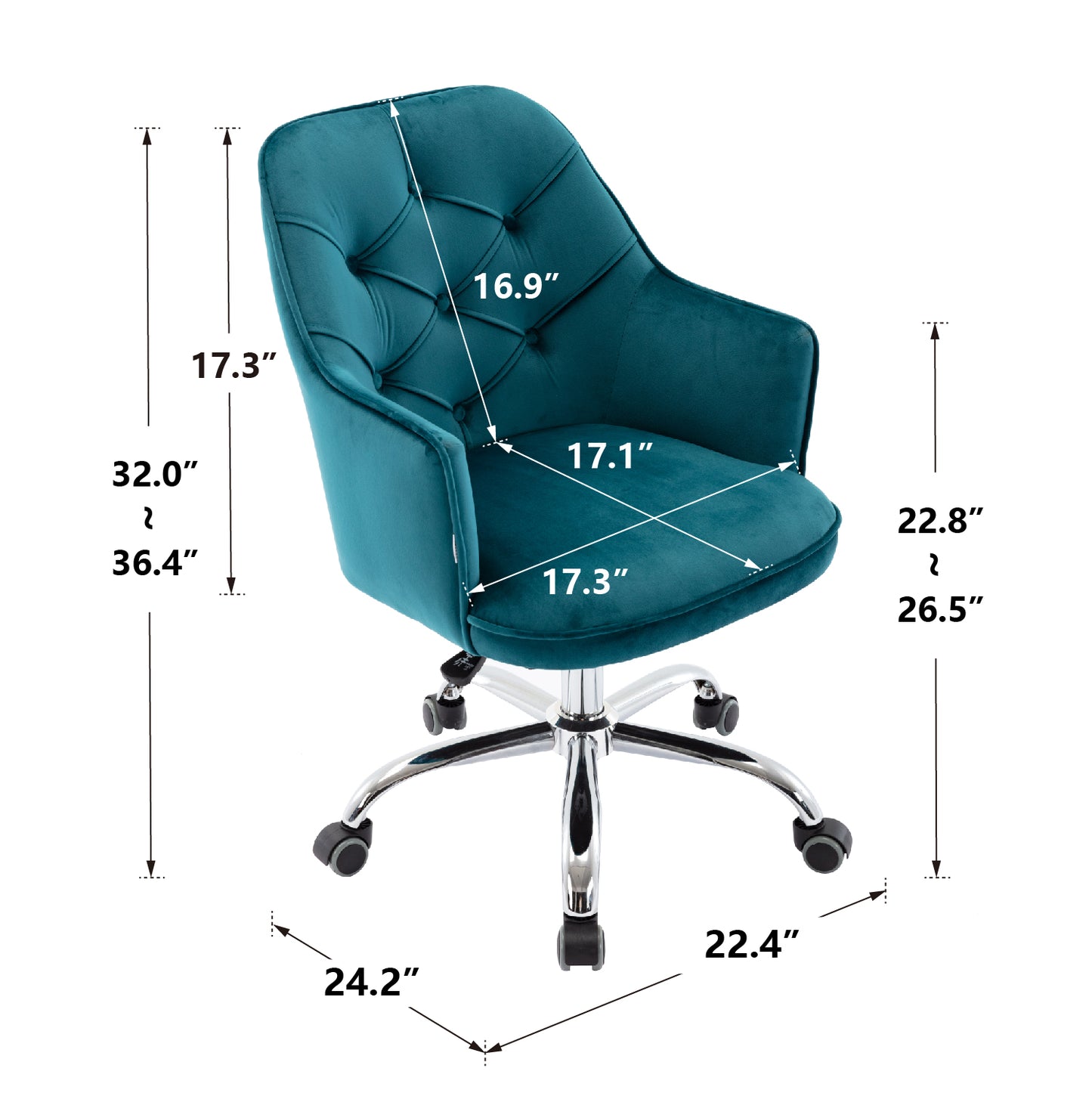 SYNGAR Desk Chairs for Adults, Dark Teal Vanity Stool Chair Velvet with Swivel Wheels and Back for Home, Office Chair Adjustable Height, LJ2286