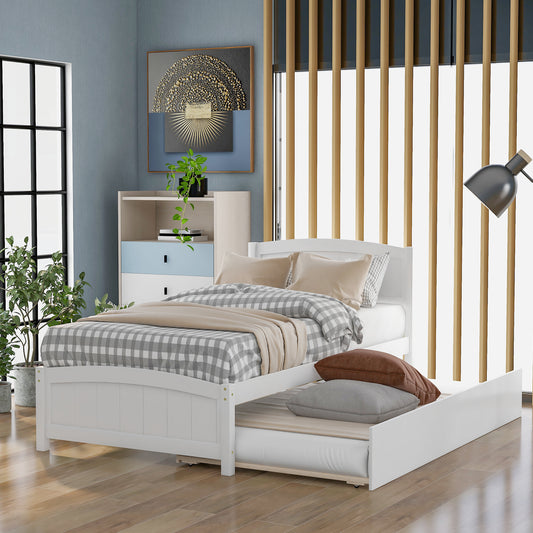 SYNGAR Twin Bed Frame with Trundle Included, Solid Pine Wood Platform Bed Frame for Kids Teens Adults, White, LJ723