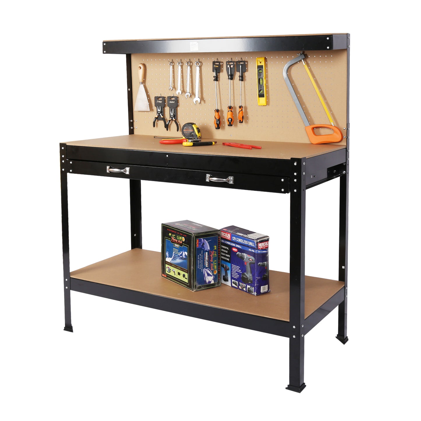 Wood Work Benches with Tool Storage, Workbenches with Peg Board and Drawers for Home Commercial Garage Shop, 300lbs Weight Capacity, Black