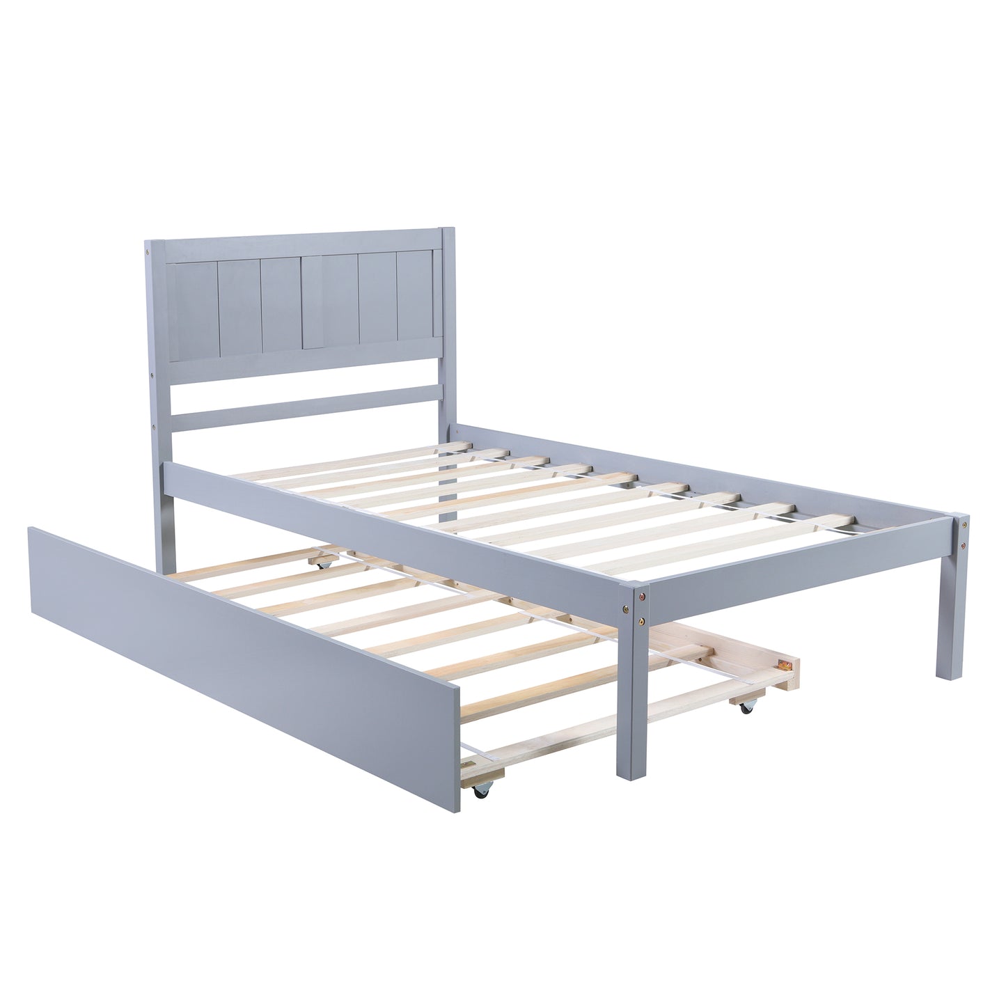 Solid Wood Trundle Bed, SYNGAR Platform Bed Frame with Headboard, Twin Size Daybed with Pop Up Trundle, Bunk Bed Alternative, No Box Spring Needed, for Teens Guests Sleepovers, K4053