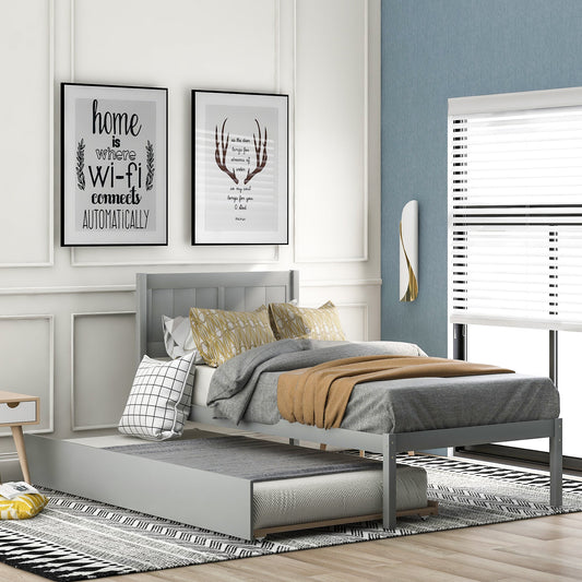 SYNGAR Twin Bed with Trundle, Wood Twin Platform Bed with Headboard, Captains Bed for Bedroom Small Living Space, Daybed with Trundle for Boys Girls, No Box Spring Needed - Gray, K4057