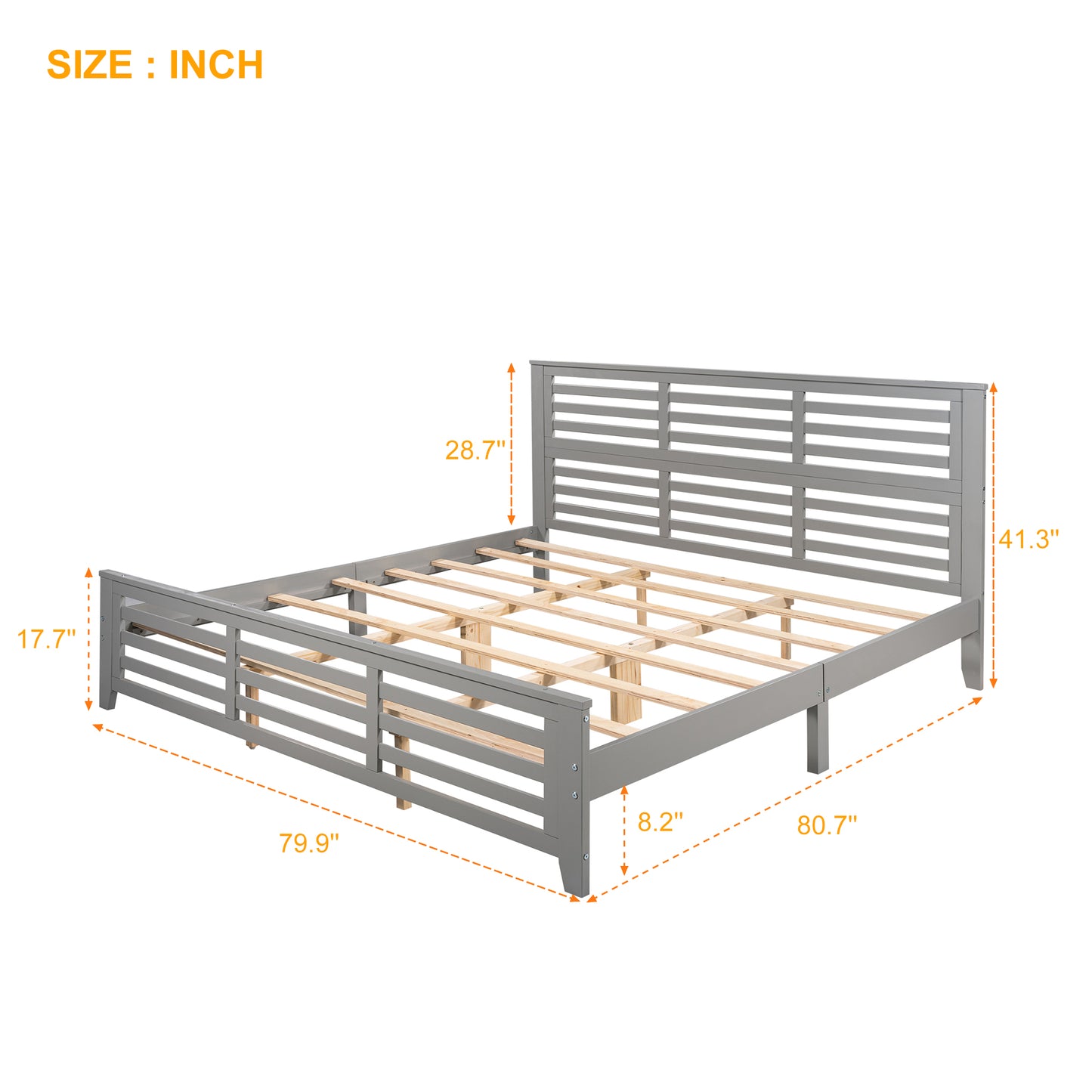 SYNGAR King Size Bed Frame with Headboard, Platform Bed Frame Solid Wood with Headboard, 500lbs Weight Capacity, Gray, LJ2093